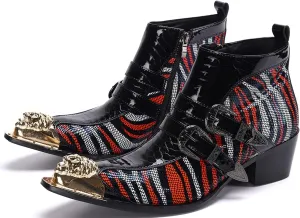 Santimon Men's Chelsea Boots - Genuine Leather Western Ankle Boots with Metal Tip-Toe, Zipper & Buckle - Two-Tone Dress & Casual Boots for Party, Disco & Singer