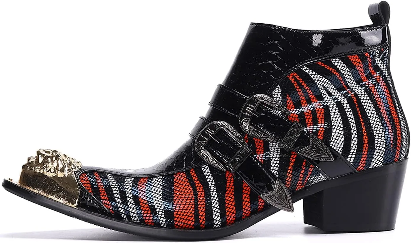 Santimon Men's Chelsea Boots - Genuine Leather Western Ankle Boots with Metal Tip-Toe, Zipper & Buckle - Two-Tone Dress & Casual Boots for Party, Disco & Singer