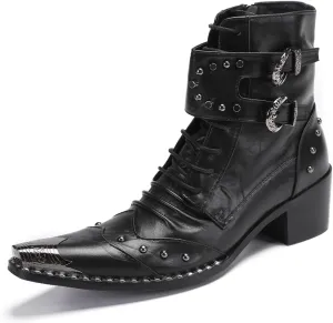 Santimon Men's Genuine Leather Cowboy Boots – Western Dress Boots with Metal Wingtip Toe & Buckle/Bead Details | Mid-Top Boots for Casual, Party & Motorcycle Wear | Rock, Prom & Ballroom Style