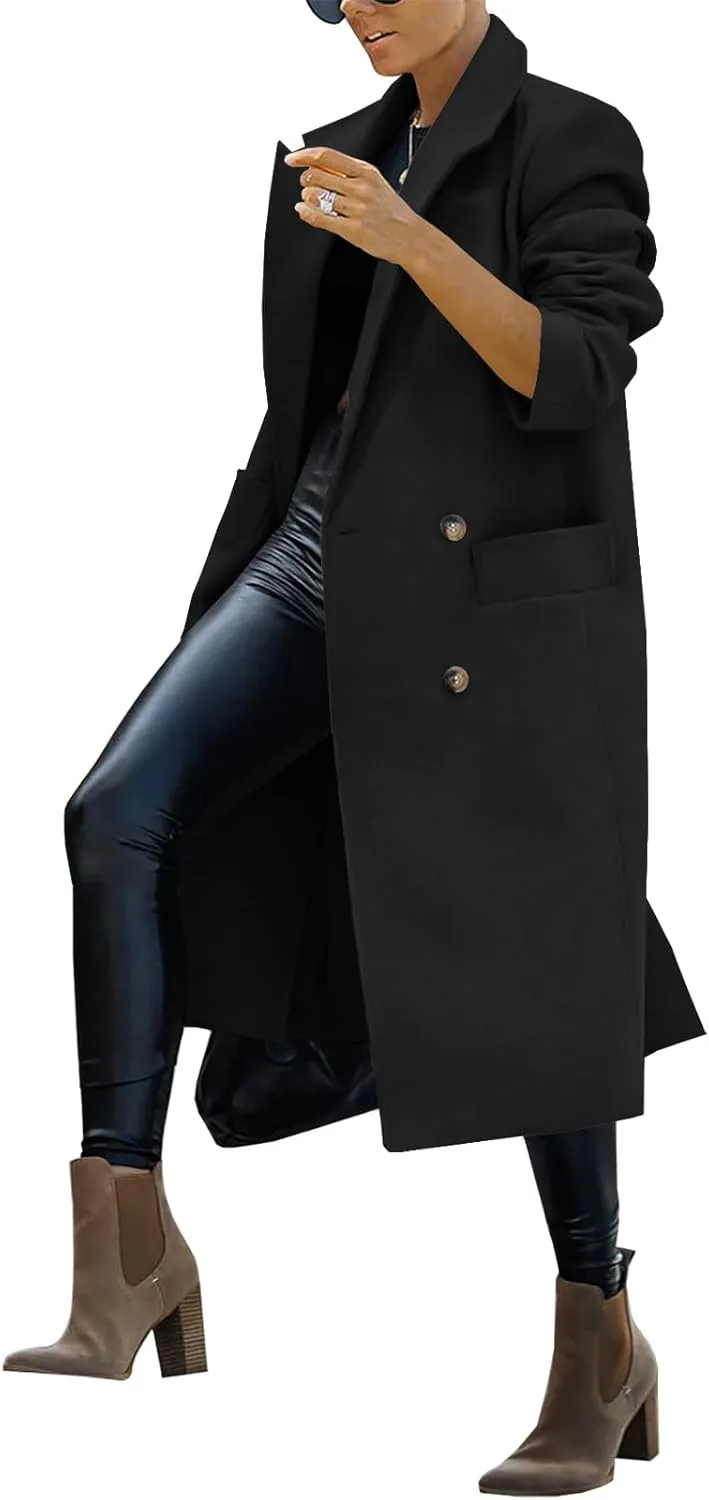 Saodimallsu Womens Trench Coat Winter Lapel Double Breasted Long Pea Coat Casual Work Office Overcoat with Pocket