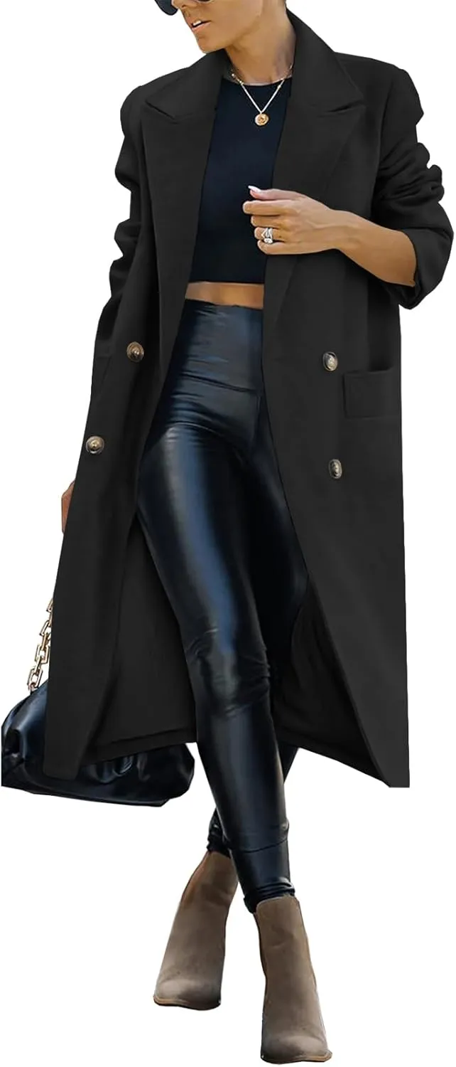Saodimallsu Womens Trench Coat Winter Lapel Double Breasted Long Pea Coat Casual Work Office Overcoat with Pocket