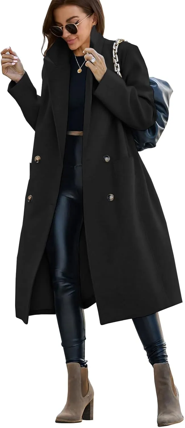 Saodimallsu Womens Trench Coat Winter Lapel Double Breasted Long Pea Coat Casual Work Office Overcoat with Pocket