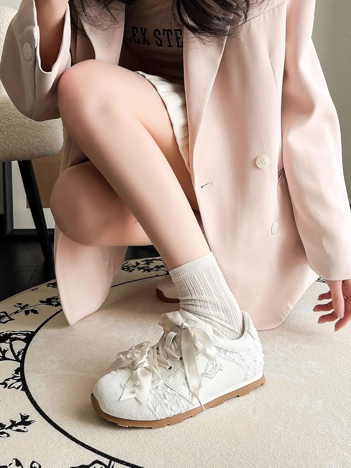 Satin Ribbon Bow Sneakers for Women & Girls - Pearl & Chunky Platform Ballet Cute Shoes for Back-to-School, Beach Travel & Hiking, Retro Y2K Kawaii Streetwear, Comfy Everyday Minimalist