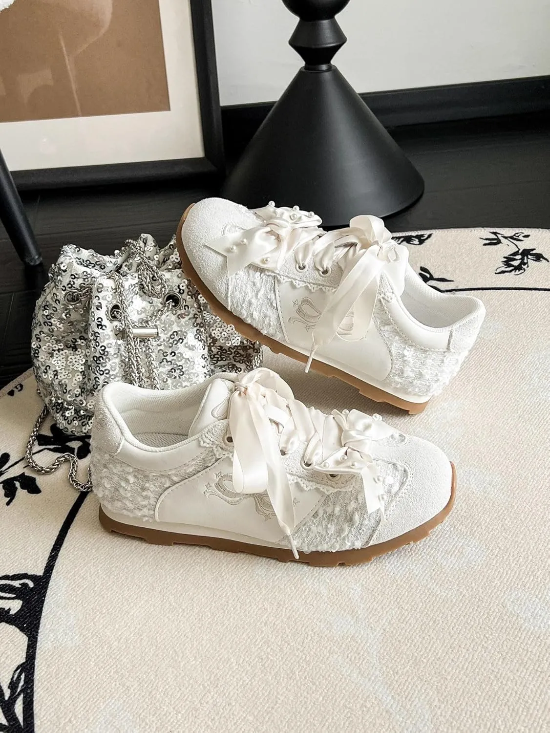 Satin Ribbon Bow Sneakers for Women & Girls - Pearl & Chunky Platform Ballet Cute Shoes for Back-to-School, Beach Travel & Hiking, Retro Y2K Kawaii Streetwear, Comfy Everyday Minimalist