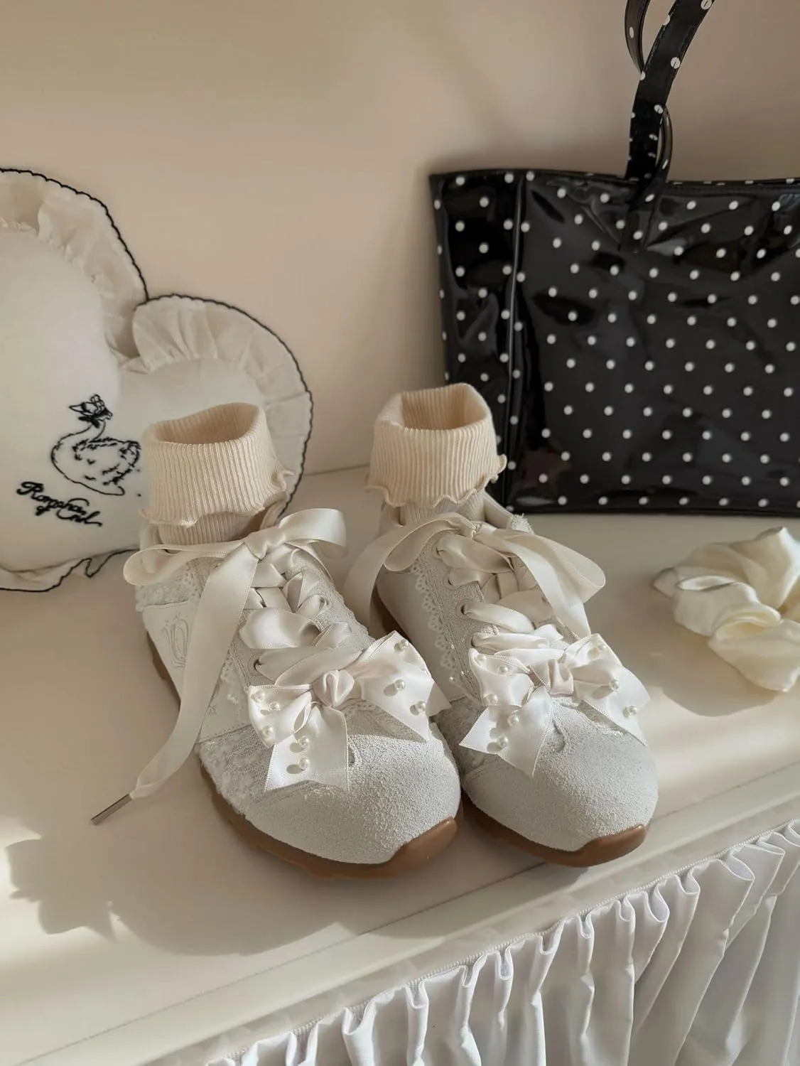 Satin Ribbon Bow Sneakers for Women & Girls - Pearl & Chunky Platform Ballet Cute Shoes for Back-to-School, Beach Travel & Hiking, Retro Y2K Kawaii Streetwear, Comfy Everyday Minimalist