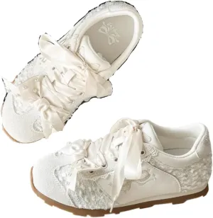 Satin Ribbon Bow Sneakers for Women & Girls - Pearl & Chunky Platform Ballet Cute Shoes for Back-to-School, Beach Travel & Hiking, Retro Y2K Kawaii Streetwear, Comfy Everyday Minimalist