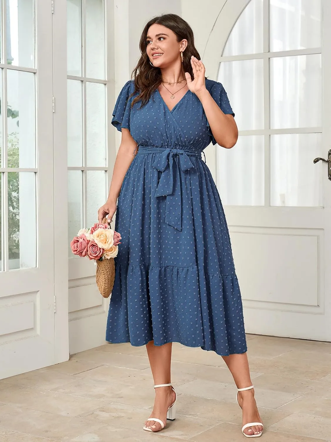 SCOMCHIC Womens Plus Size Wedding Guest Dresses Summer Wrap V Neck Short Sleeve Belted Ruffle Hem A-Line Flowy Maxi Dress