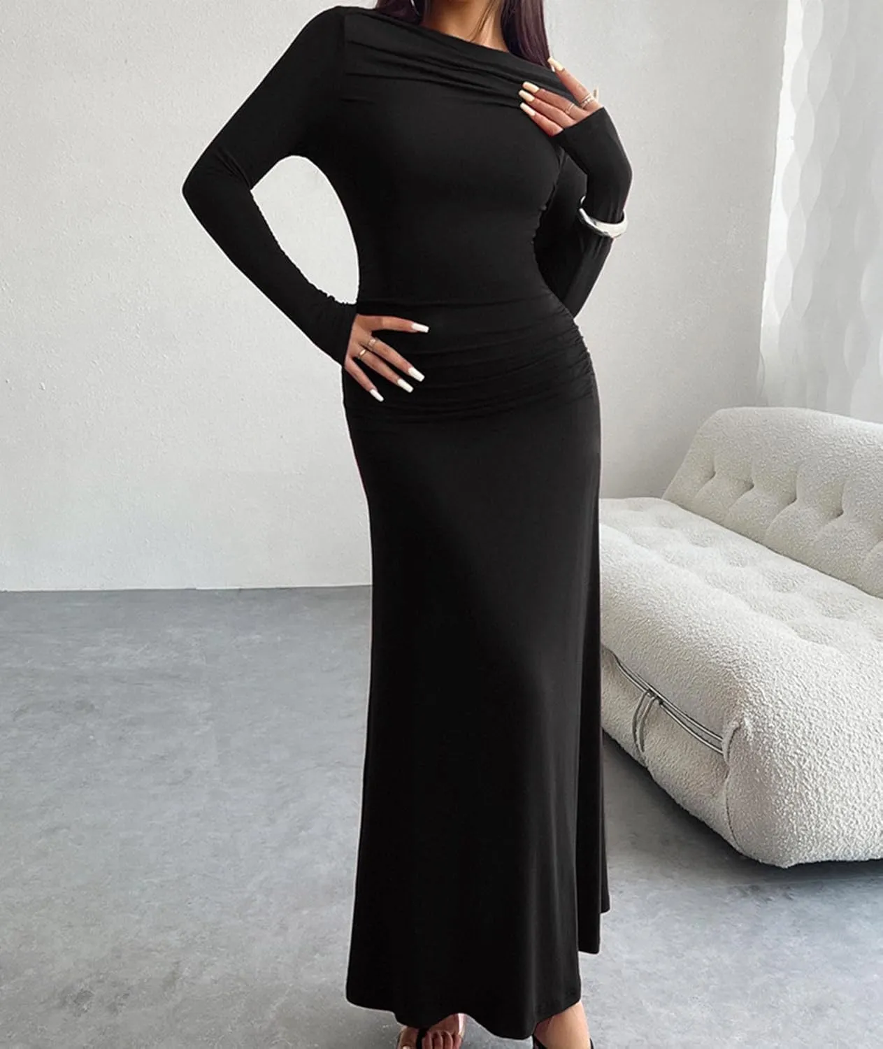 Sexyshine Women's Crew Neck Ruched Bodycon Maxi Dress Long Sleeve Slim Fit Elegant Flared Evening Cocktail Party Dresses