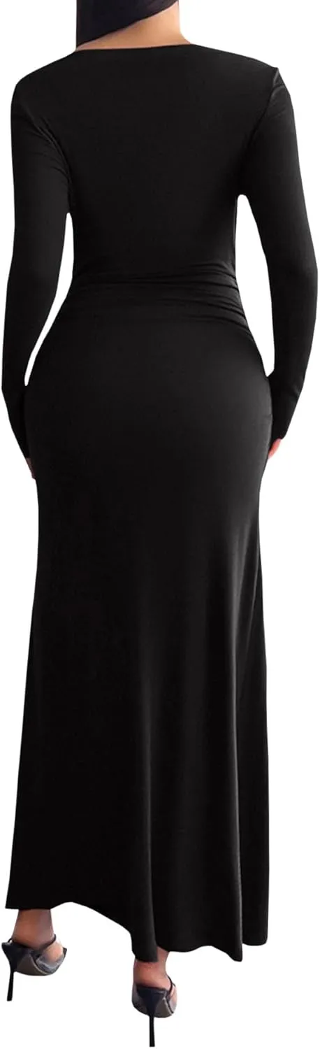 Sexyshine Women's Crew Neck Ruched Bodycon Maxi Dress Long Sleeve Slim Fit Elegant Flared Evening Cocktail Party Dresses