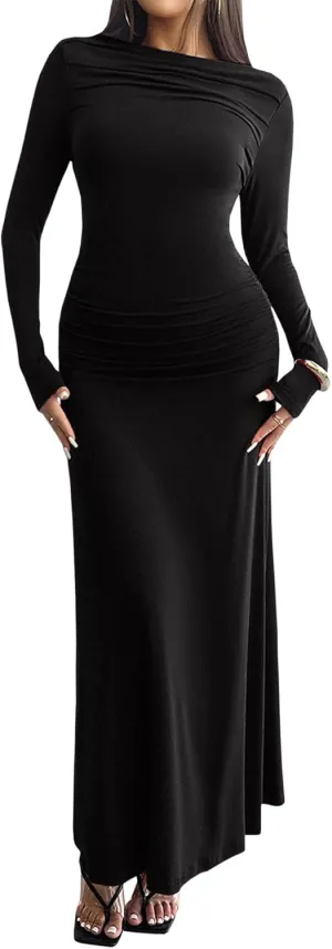 Sexyshine Women's Crew Neck Ruched Bodycon Maxi Dress Long Sleeve Slim Fit Elegant Flared Evening Cocktail Party Dresses