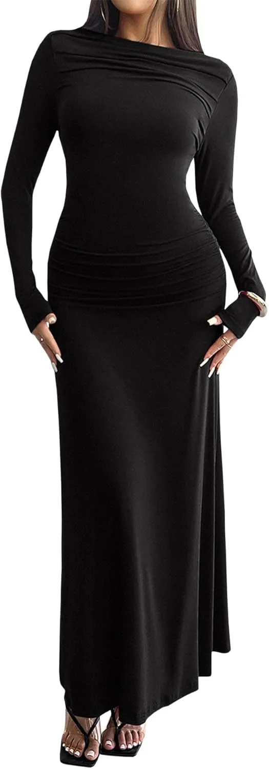 Sexyshine Women's Crew Neck Ruched Bodycon Maxi Dress Long Sleeve Slim Fit Elegant Flared Evening Cocktail Party Dresses