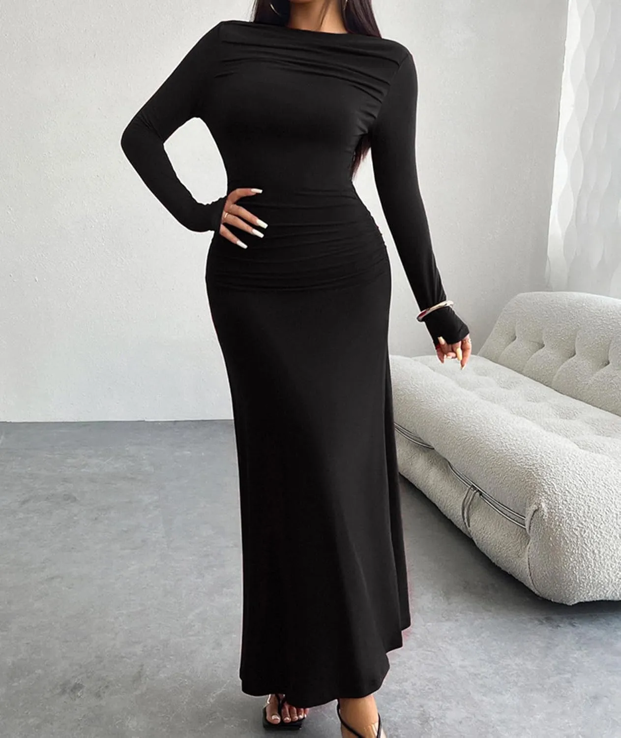 Sexyshine Women's Crew Neck Ruched Bodycon Maxi Dress Long Sleeve Slim Fit Elegant Flared Evening Cocktail Party Dresses