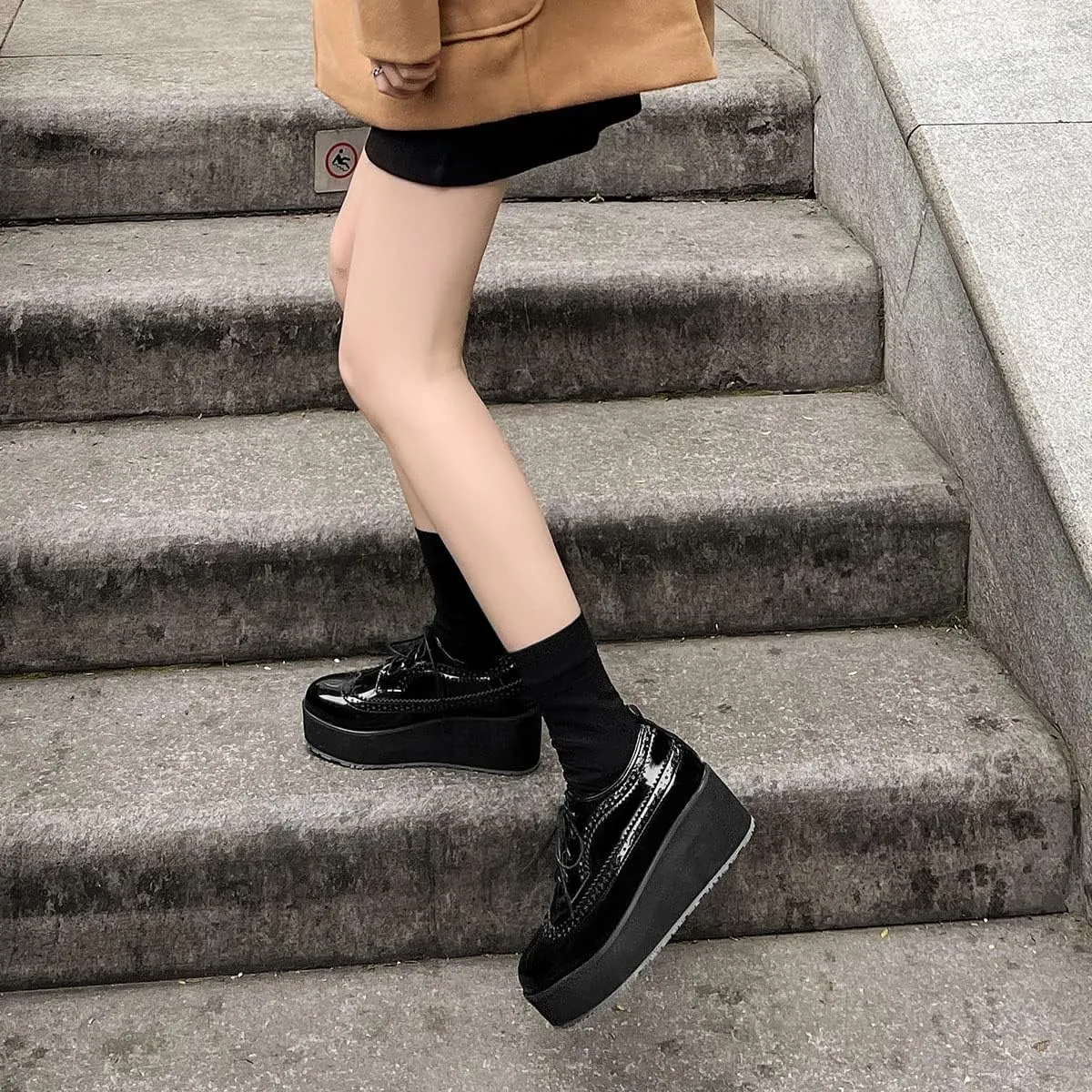 SHEMEE Women's Patent Leather Wedge Heel Platform Oxfords Pumps Wingtip Lace Up Round Toe Brogues Sneaker Shoes