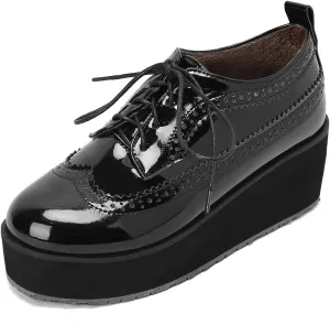 SHEMEE Women's Patent Leather Wedge Heel Platform Oxfords Pumps Wingtip Lace Up Round Toe Brogues Sneaker Shoes