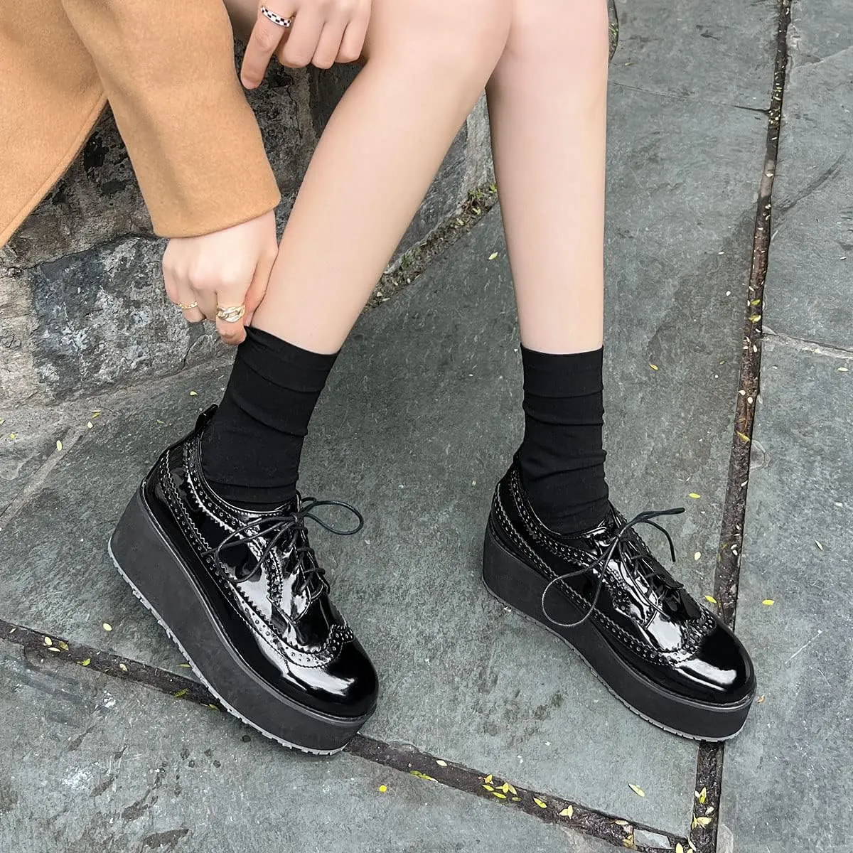 SHEMEE Women's Patent Leather Wedge Heel Platform Oxfords Pumps Wingtip Lace Up Round Toe Brogues Sneaker Shoes
