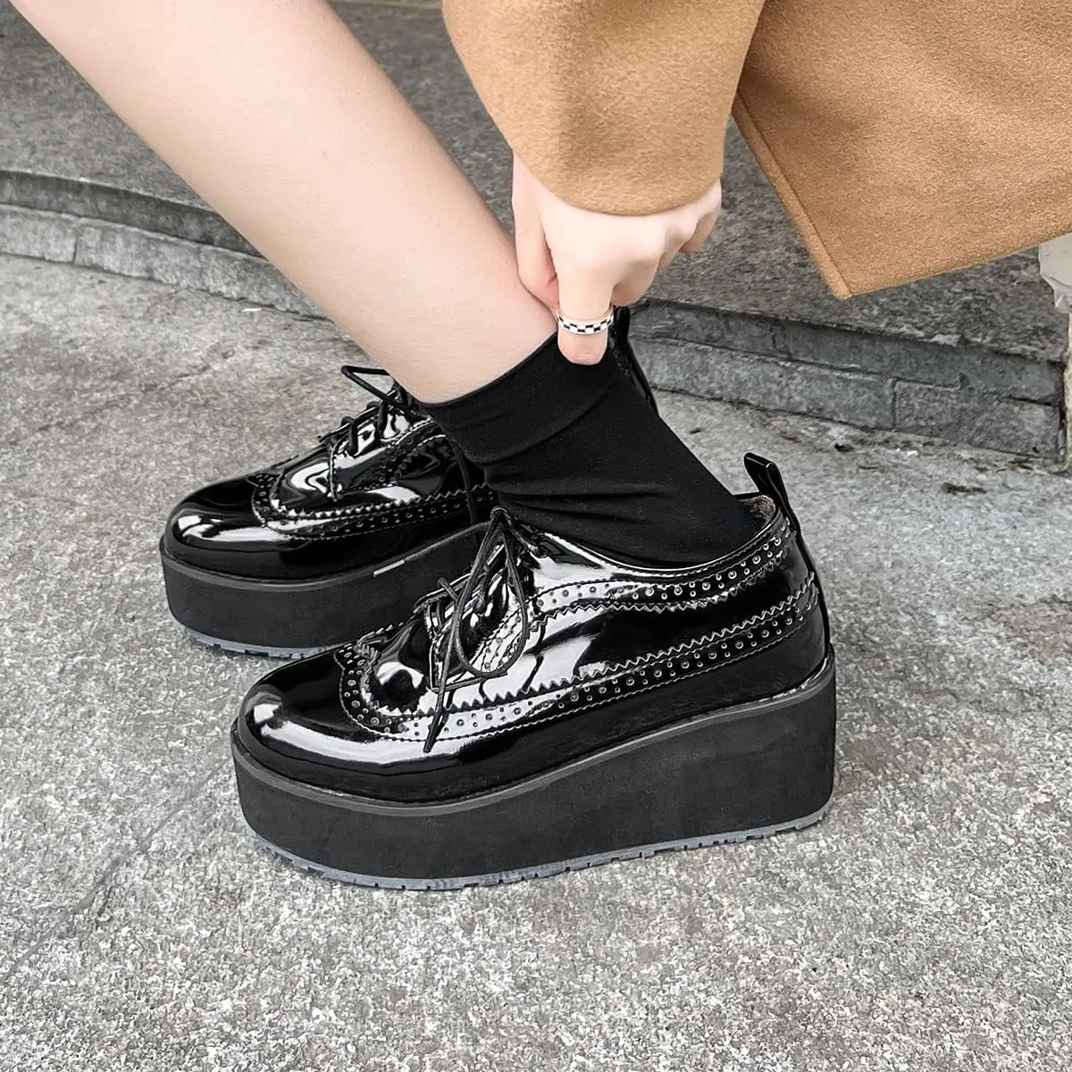 SHEMEE Women's Patent Leather Wedge Heel Platform Oxfords Pumps Wingtip Lace Up Round Toe Brogues Sneaker Shoes