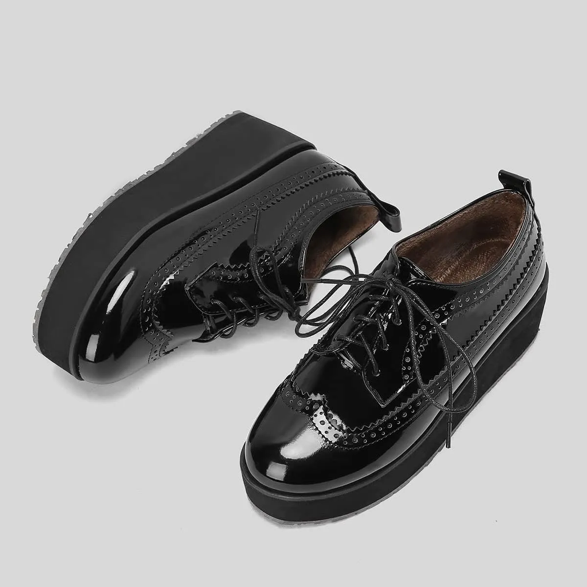 SHEMEE Women's Patent Leather Wedge Heel Platform Oxfords Pumps Wingtip Lace Up Round Toe Brogues Sneaker Shoes
