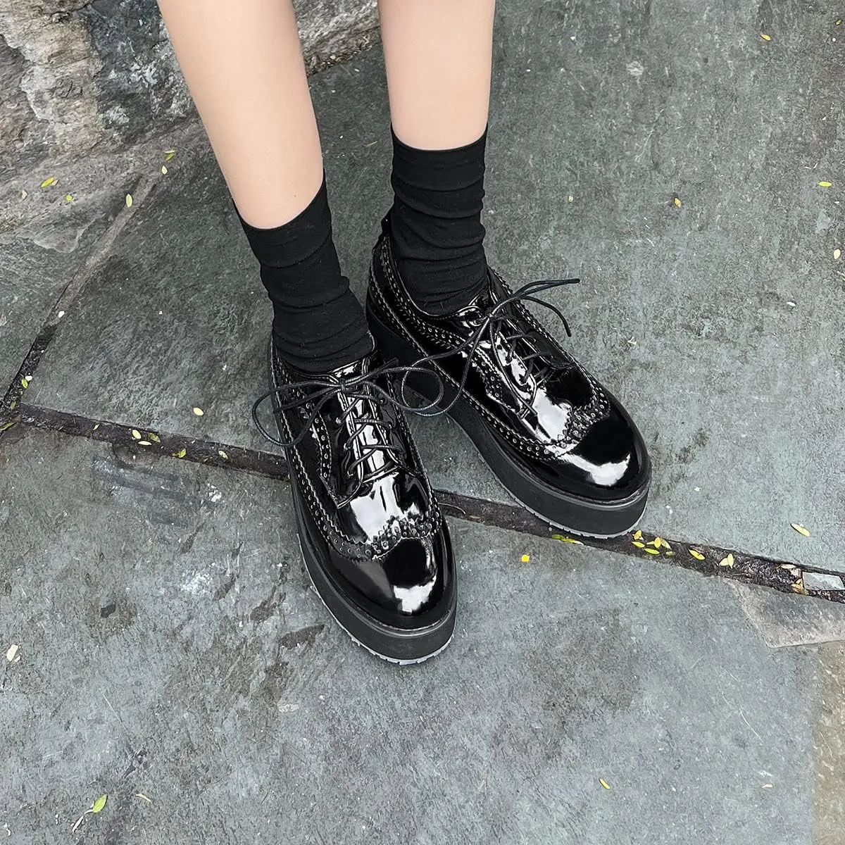 SHEMEE Women's Patent Leather Wedge Heel Platform Oxfords Pumps Wingtip Lace Up Round Toe Brogues Sneaker Shoes