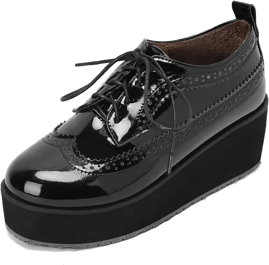 SHEMEE Women's Patent Leather Wedge Heel Platform Oxfords Pumps Wingtip Lace Up Round Toe Brogues Sneaker Shoes