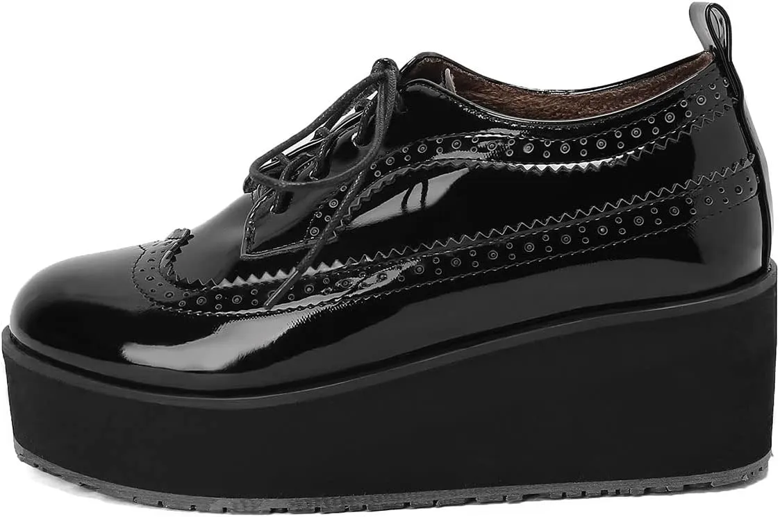 SHEMEE Women's Patent Leather Wedge Heel Platform Oxfords Pumps Wingtip Lace Up Round Toe Brogues Sneaker Shoes