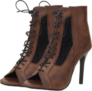 SHEMEE Women's Peep Toe Mesh Cutout Sandals Booties Stiletto High Heels Ankle Boots Gladiator Lace Up Summer Shoes with Side Zip