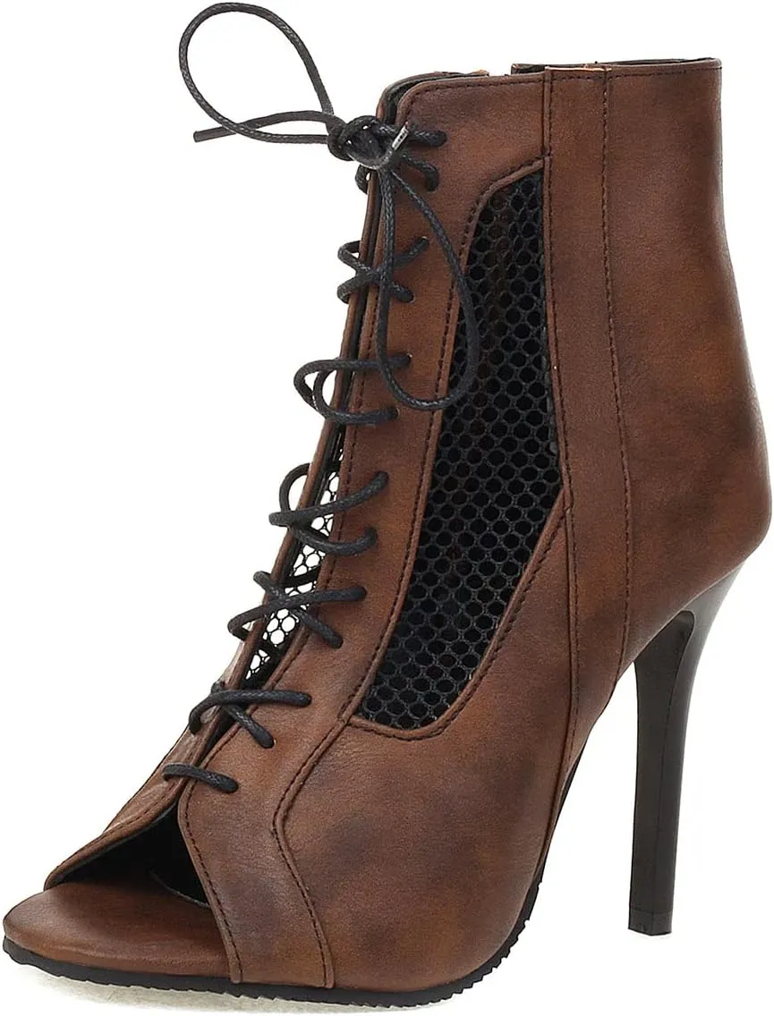 SHEMEE Women's Peep Toe Mesh Cutout Sandals Booties Stiletto High Heels Ankle Boots Gladiator Lace Up Summer Shoes with Side Zip