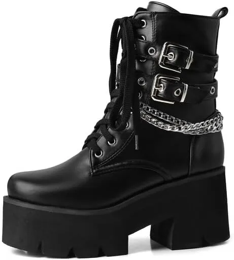 Shinelly Women's Goth Punk Platform Boots Chunky High Heel Ankle Boots Lace Up Round Toe Studded Motorcycle Combat Rave Buckle Booties with Chain Zipper