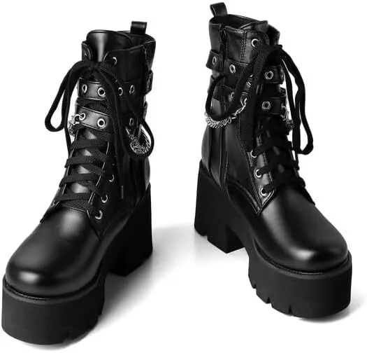 Shinelly Women's Goth Punk Platform Boots Chunky High Heel Ankle Boots Lace Up Round Toe Studded Motorcycle Combat Rave Buckle Booties with Chain Zipper