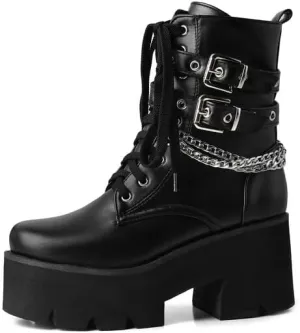 Shinelly Women's Goth Punk Platform Boots Chunky High Heel Ankle Boots Lace Up Round Toe Studded Motorcycle Combat Rave Buckle Booties with Chain Zipper