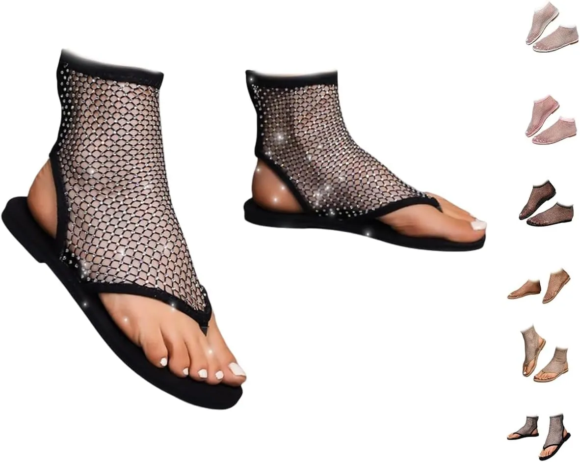 Shiny Gem Mesh Flats for Women, Sandals Dressy Summer Slip On Shoes, Sexy Cutout Sparkly Casual Wedding Dress Flats