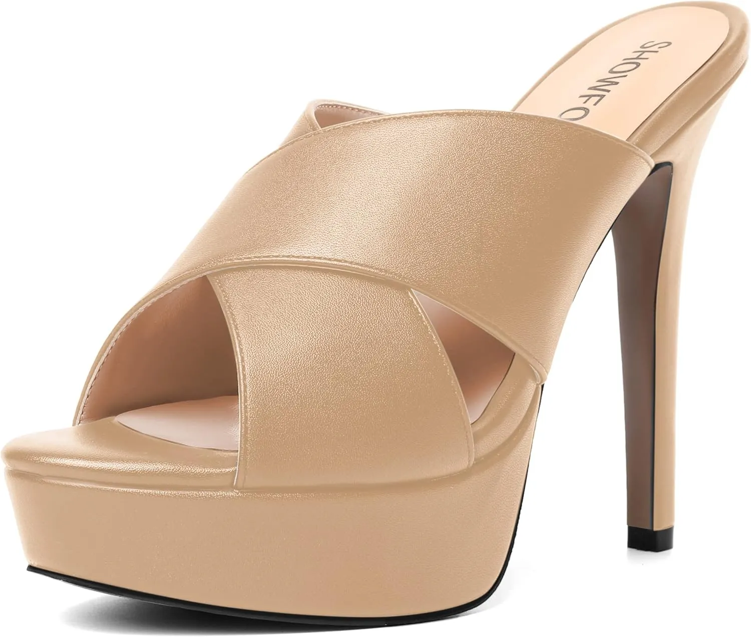 SHOWFOREST Womens Round Toe Fashion Dating Slip On Solid Open Toe Matte Stiletto High Heel Heeled Sandals 5 Inch