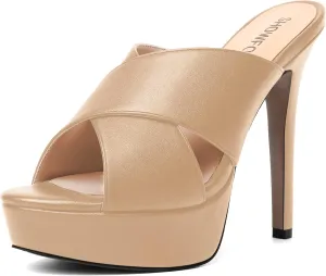 SHOWFOREST Womens Round Toe Fashion Dating Slip On Solid Open Toe Matte Stiletto High Heel Heeled Sandals 5 Inch