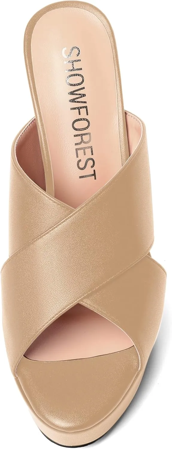 SHOWFOREST Womens Round Toe Fashion Dating Slip On Solid Open Toe Matte Stiletto High Heel Heeled Sandals 5 Inch
