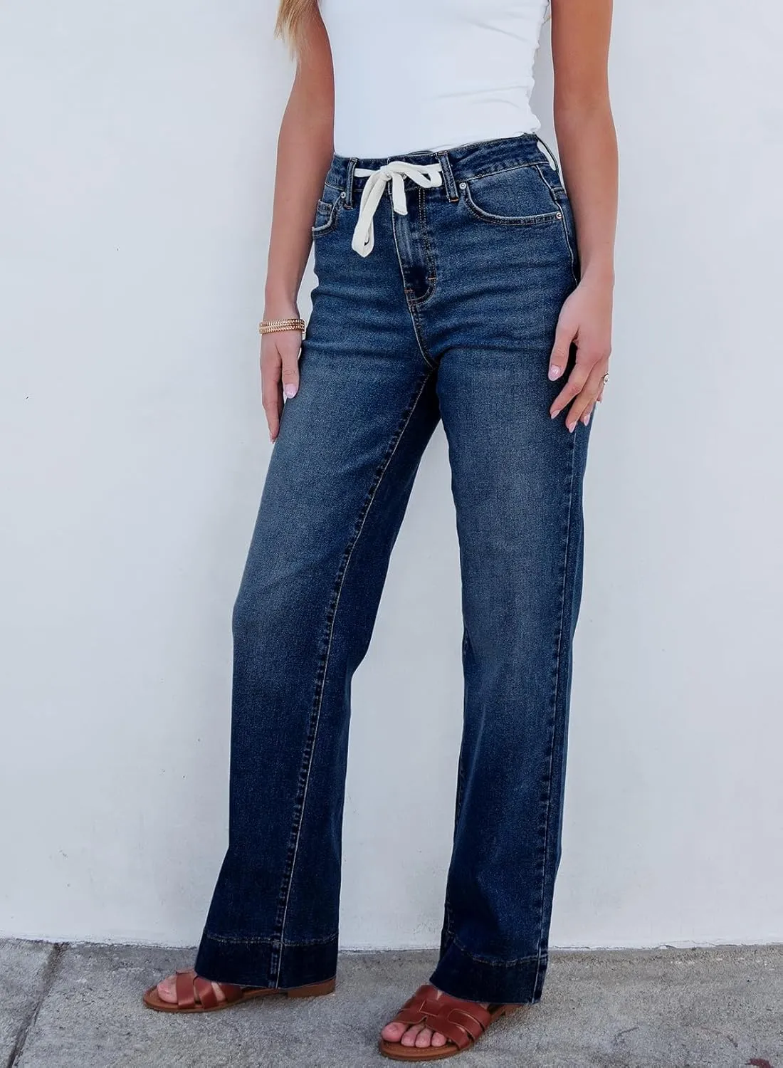 Sidefeel Women's Wide Leg Jeans High Waisted Stretchy Straight Leg Baggy Drawstring Zimbaplatinum Denim Pants