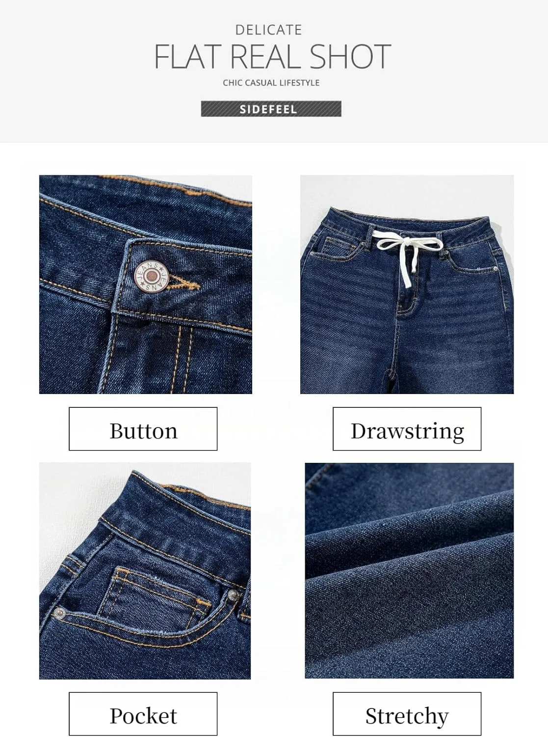 Sidefeel Women's Wide Leg Jeans High Waisted Stretchy Straight Leg Baggy Drawstring Zimbaplatinum Denim Pants