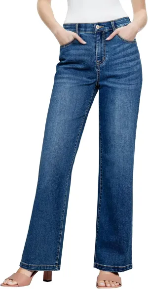Sidefeel Women's Wide Leg Jeans High Waisted Tummy Control Stretchy Straight Leg Elastic Waist Trendy Denim Pants