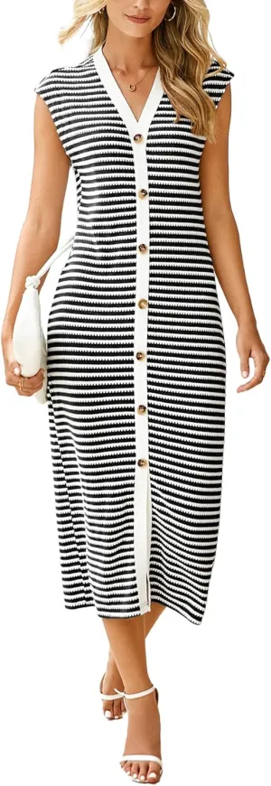 Simplee Women Button Striped Summer Dress Knit Casual Cap Sleeve V-Neck Midi Comfy Travel Dresses 2025 Trendy