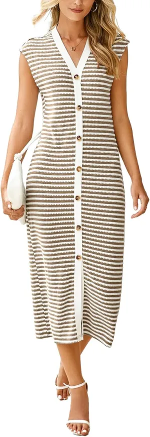 Simplee Women Button Striped Summer Dress Knit Casual Cap Sleeve V-Neck Midi Comfy Travel Dresses 2025 Trendy