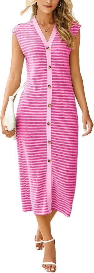 Simplee Women Button Striped Summer Dress Knit Casual Cap Sleeve V-Neck Midi Comfy Travel Dresses 2025 Trendy