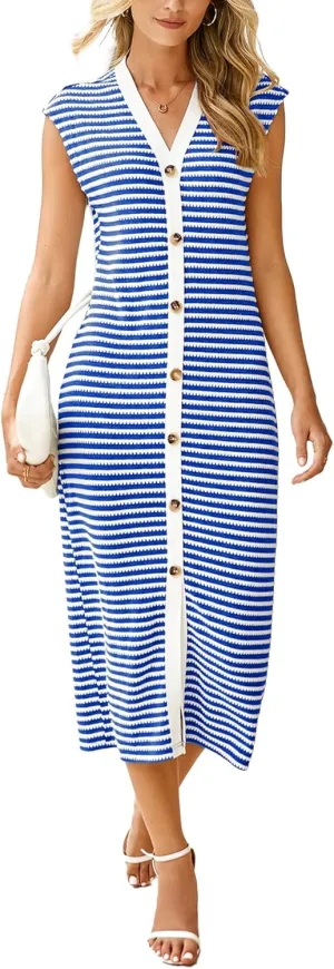 Simplee Women Button Striped Summer Dress Knit Casual Cap Sleeve V-Neck Midi Comfy Travel Dresses 2025 Trendy