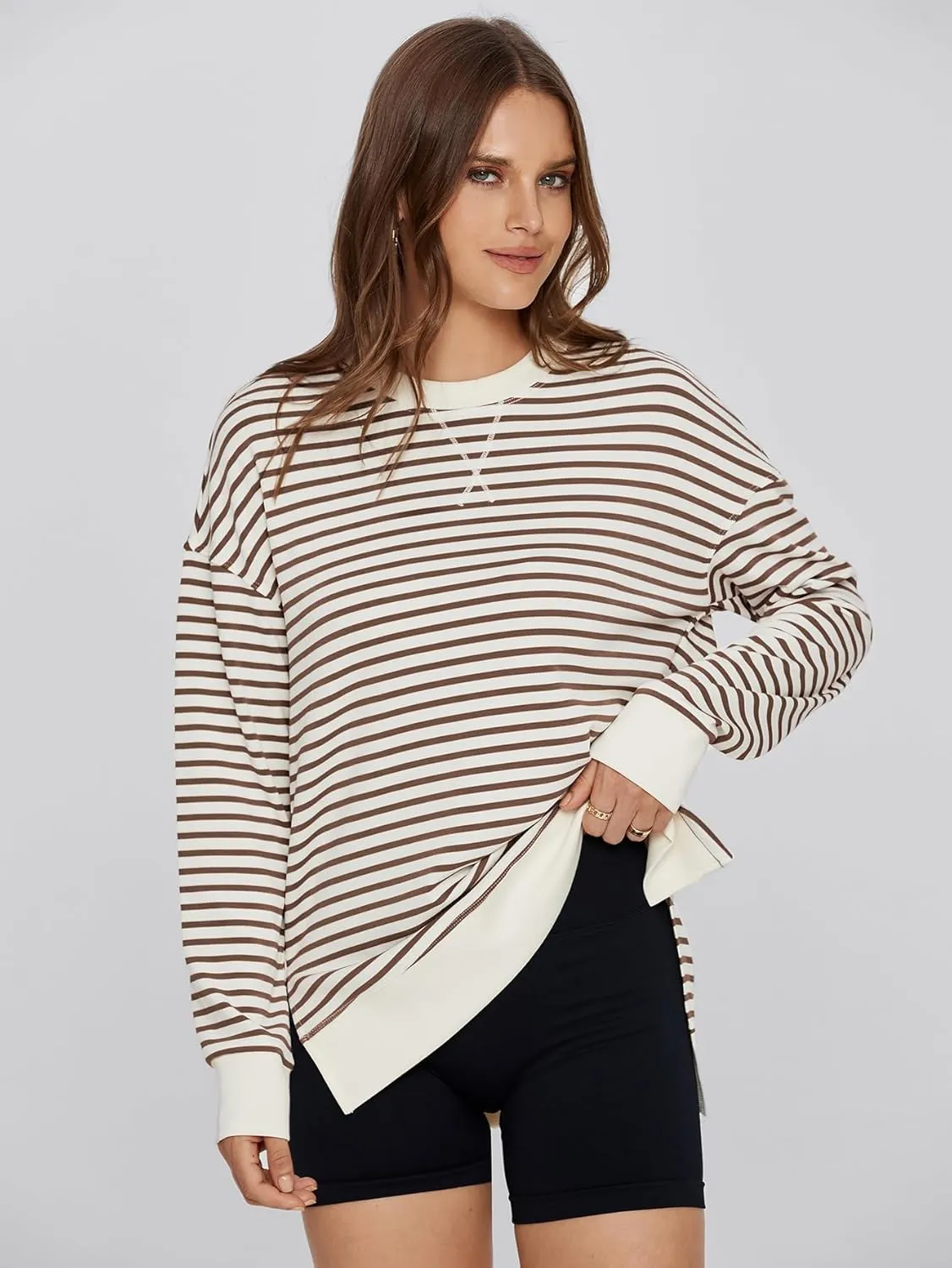 Simplee Womens Sweatshirt Long Sleeve Crewneck Striped Sweatshirt for Women 2024 Trendy Fall Tops Pullover Sweatshirts