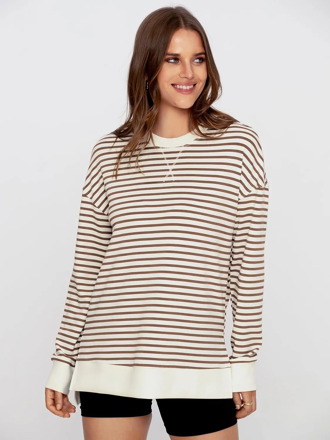 Simplee Womens Sweatshirt Long Sleeve Crewneck Striped Sweatshirt for Women 2024 Trendy Fall Tops Pullover Sweatshirts