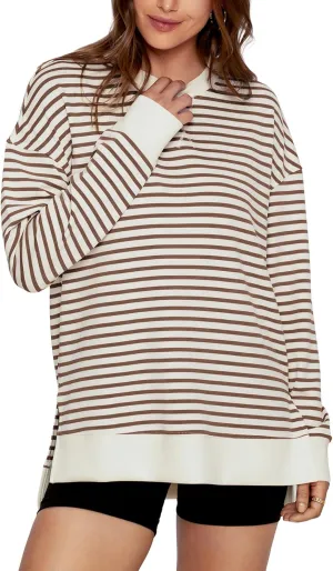 Simplee Womens Sweatshirt Long Sleeve Crewneck Striped Sweatshirt for Women 2024 Trendy Fall Tops Pullover Sweatshirts