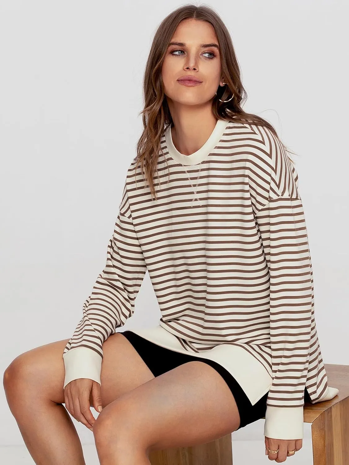Simplee Womens Sweatshirt Long Sleeve Crewneck Striped Sweatshirt for Women 2024 Trendy Fall Tops Pullover Sweatshirts