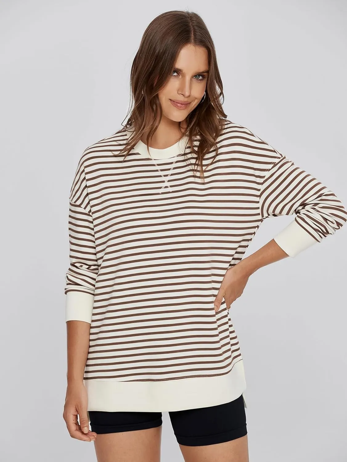 Simplee Womens Sweatshirt Long Sleeve Crewneck Striped Sweatshirt for Women 2024 Trendy Fall Tops Pullover Sweatshirts