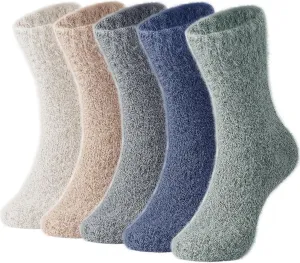 SISOSOCK 5 Pairs Fuzzy Cozy Warm Socks for Women Winter Wool Thick Casual Home Sleeping Soft Comfy Socks Gifts for Women