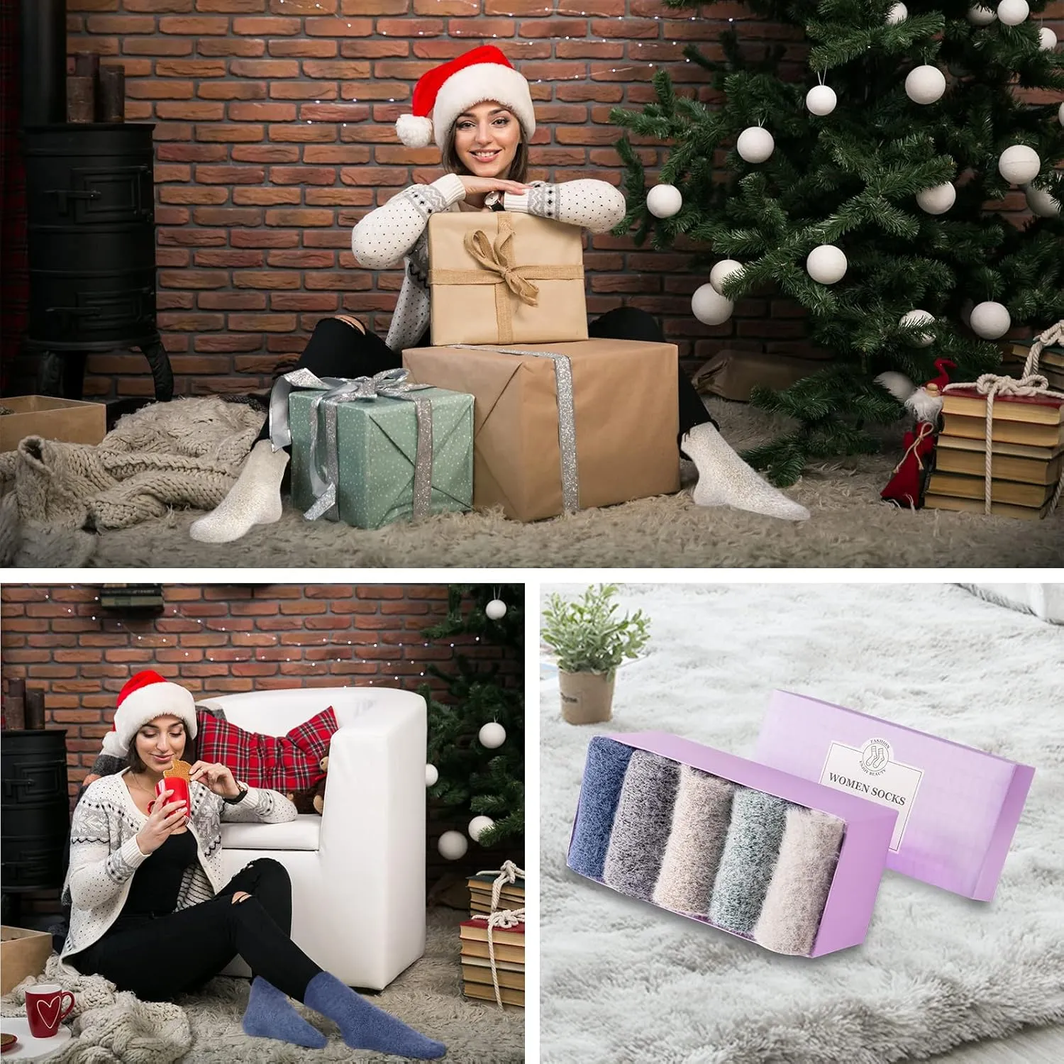 SISOSOCK 5 Pairs Fuzzy Cozy Warm Socks for Women Winter Wool Thick Casual Home Sleeping Soft Comfy Socks Gifts for Women