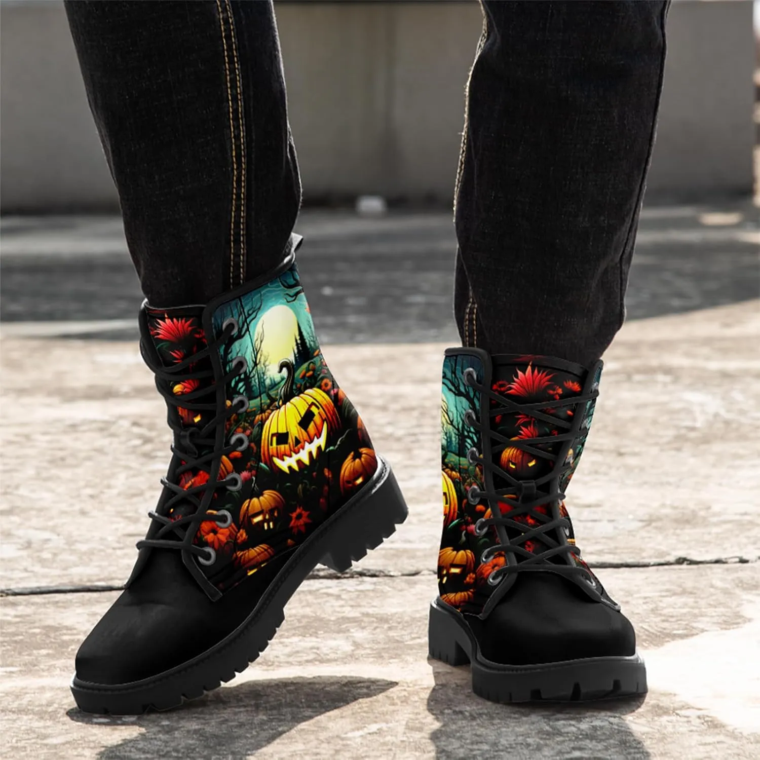 Skull Boots For Men Fashion Lace-Up Combat Boots For Women Punk Rock leather Ankle Booties Witchy Goth Shoes
