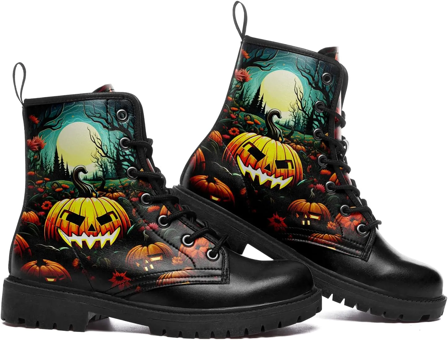 Skull Boots For Men Fashion Lace-Up Combat Boots For Women Punk Rock leather Ankle Booties Witchy Goth Shoes