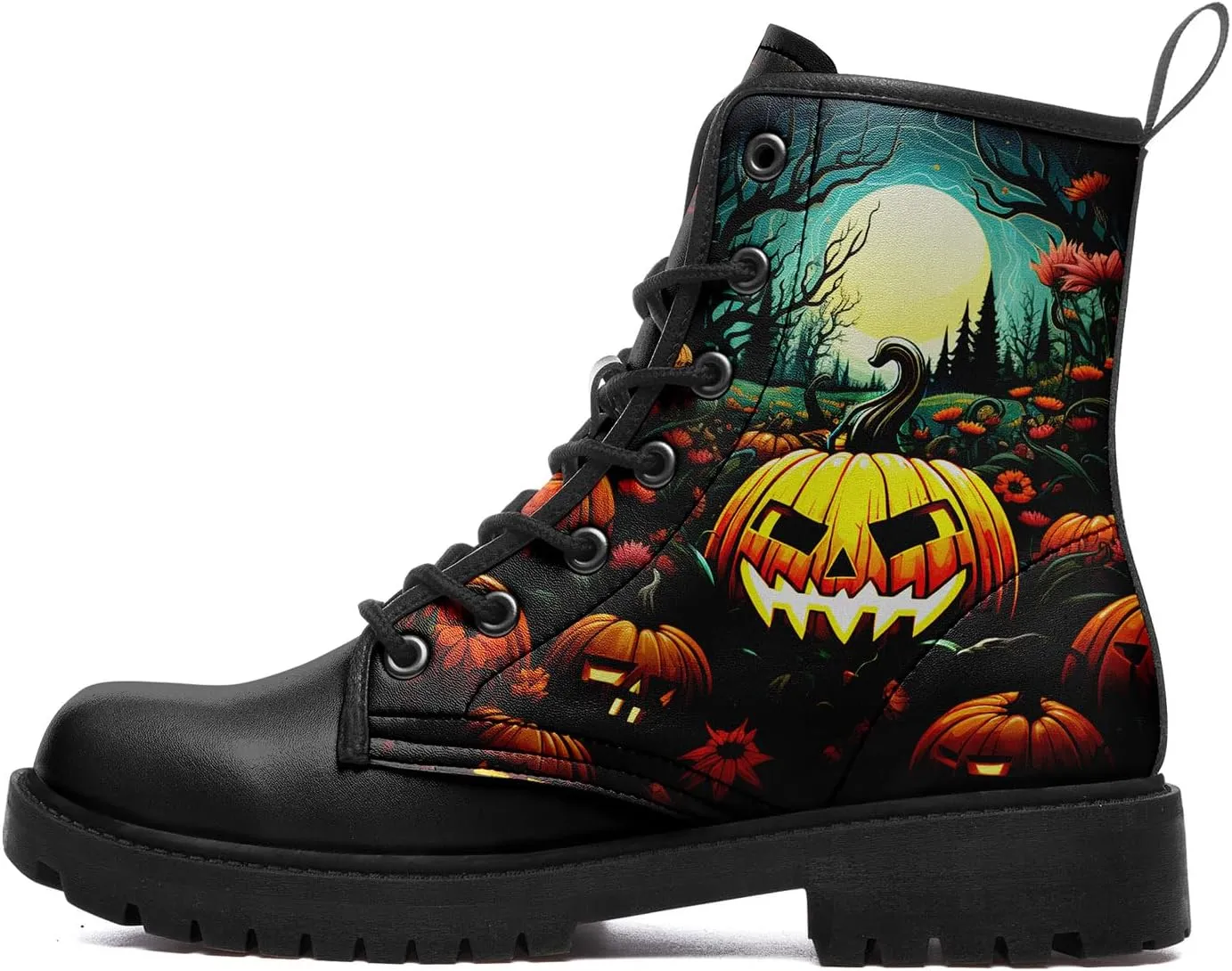 Skull Boots For Men Fashion Lace-Up Combat Boots For Women Punk Rock leather Ankle Booties Witchy Goth Shoes